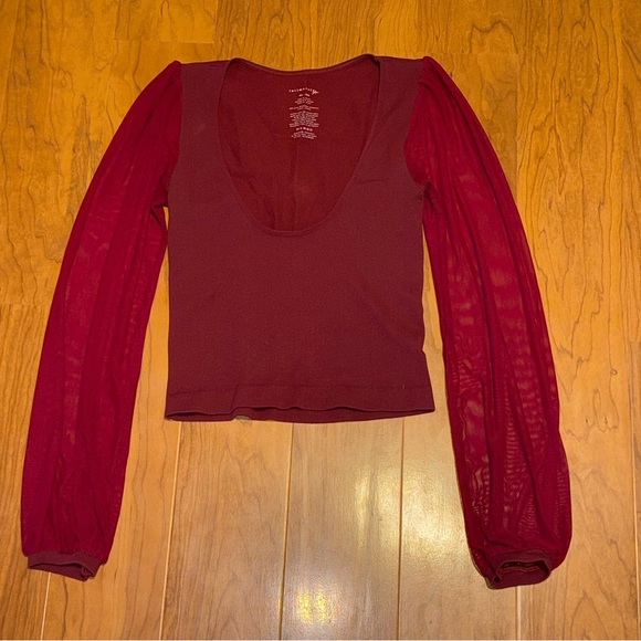 FREE PEOPLE Lost In Love Seamless Top in Rasin Red size Medium Large Sheer - Picture 2 of 4